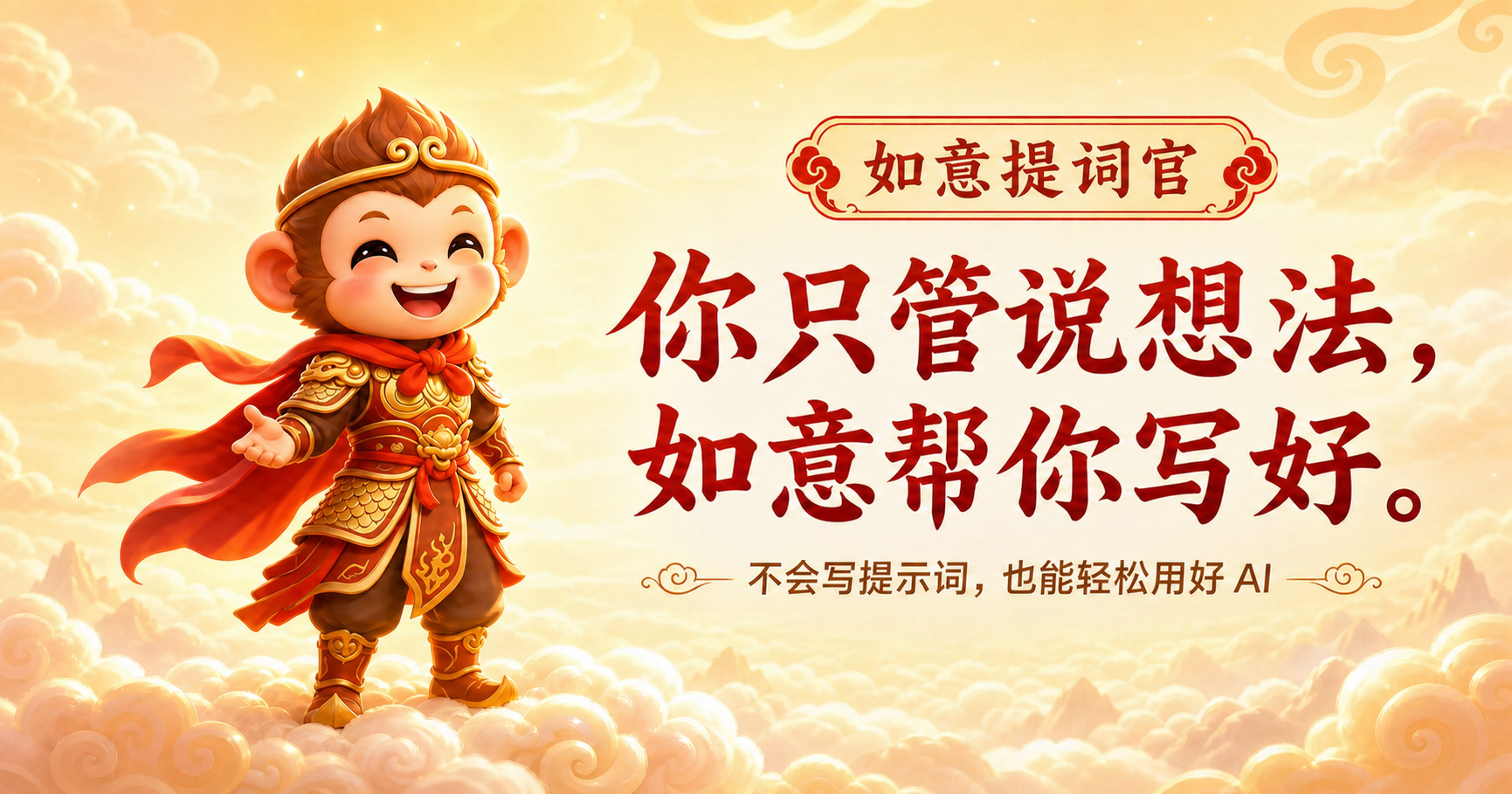 如意提词官:左侧是耍金箍棒的悟空形象,右侧写着你只管说想法,如意帮你写好